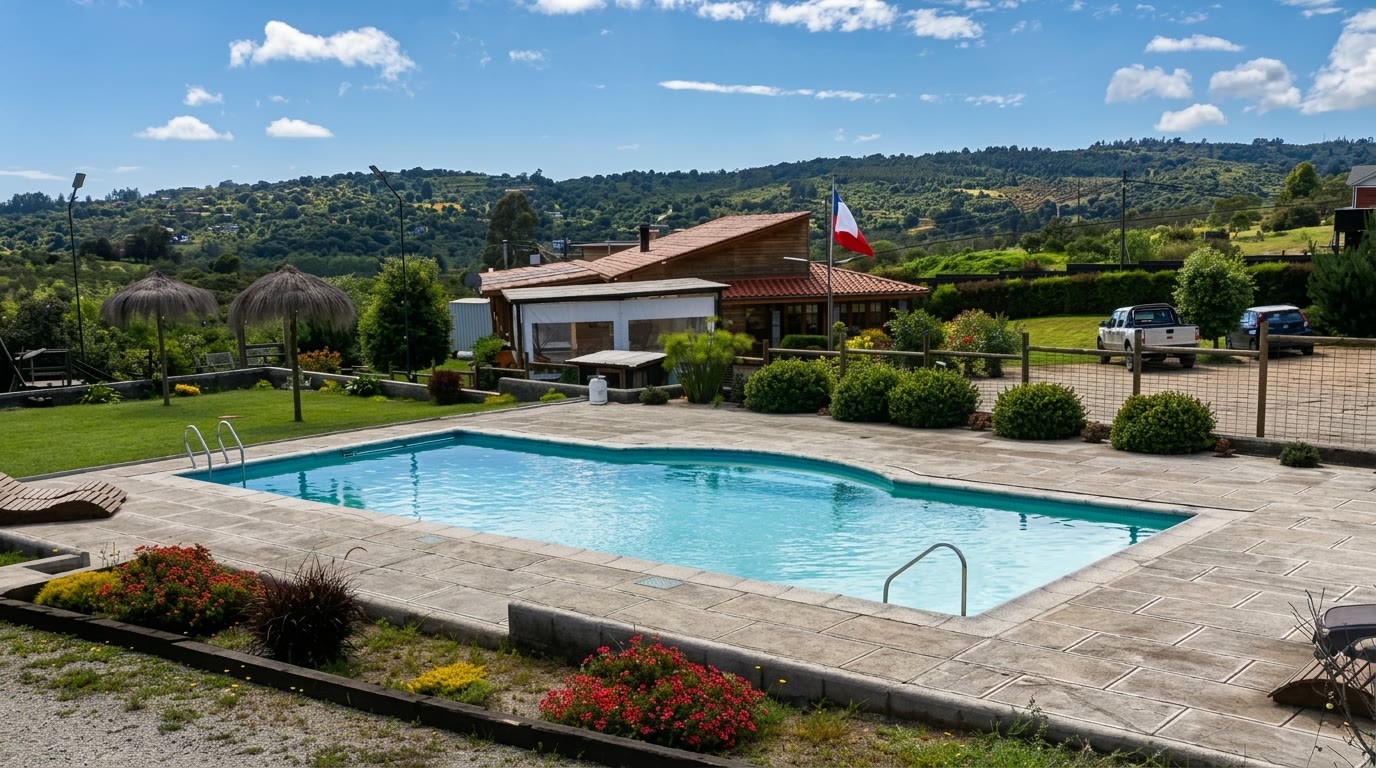 Piscina y restaurant Entre Comedores con los cerros de Valle Alegre, Quintero